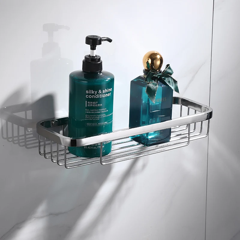 Factory Wholesale silver Metal Wall Bathroom Rack No Drilling Shower Shelf Organizer Stainless Wire Basket