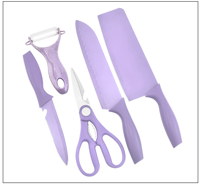 Colorful Straw Five-piece Rainbow Model Stainless Steel Spray Paint Knife Set Kitchen Box Set of Knives