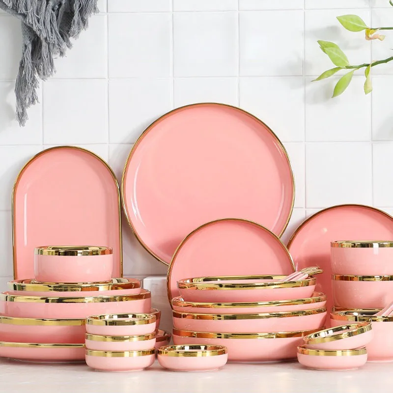 Cheap Wholesale Restaurant Hotel Bone china Fine Ceramic New Style Chinese Porcelain Pink Dinner Set Dinnerware