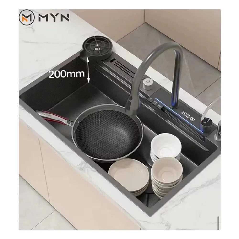 Tiktok Hot Sale  Waterfall Faucet 304 Stainless Steel Single Slot Bionic Honeycomb Black Kitchen Sink With Led  Digital Display