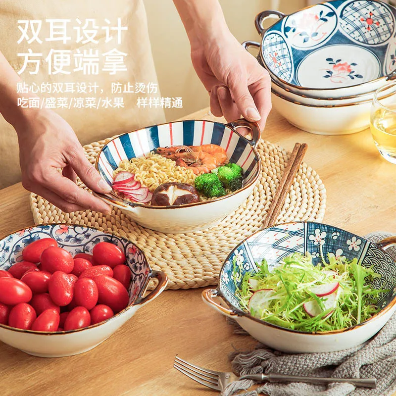 Japanese Style irregular flower new design ceramic soup bowl with two ears Salad Bowl with household handle
