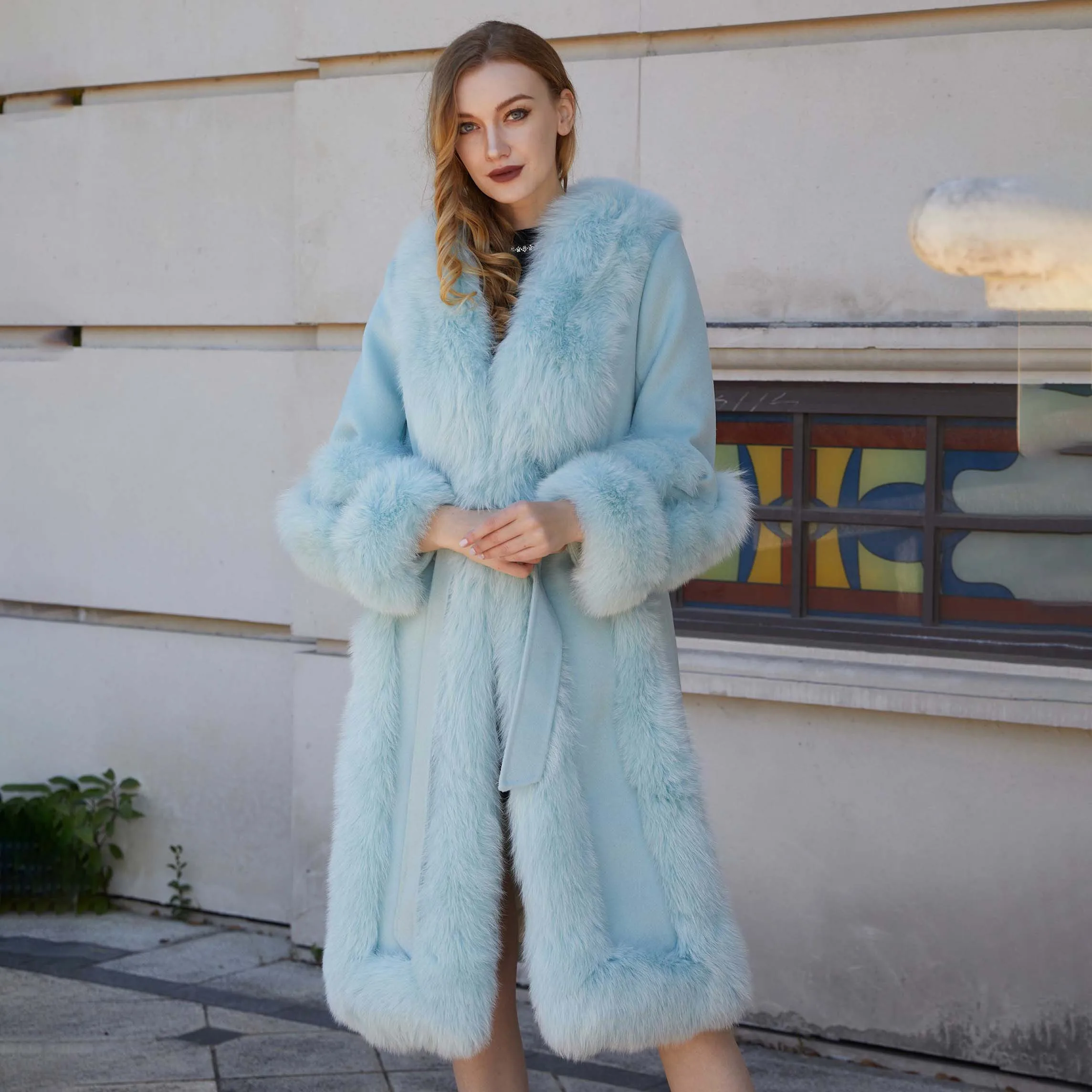 Elegant Style Super Large Ladies Fox Fur Collar Doubleface Cashmere Winter Wool Coat