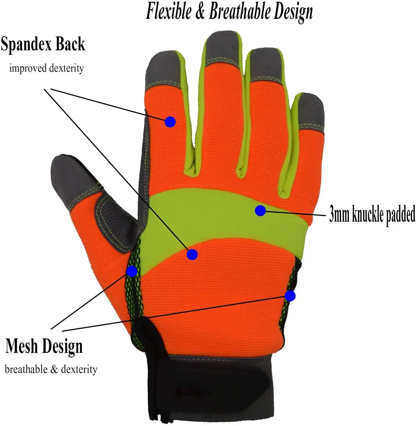 High Visibility Fluorescent Cheap Elastic Synthetic Leather Microfiber Touch Screen Impact Mechanic Gardening Safety Work Gloves