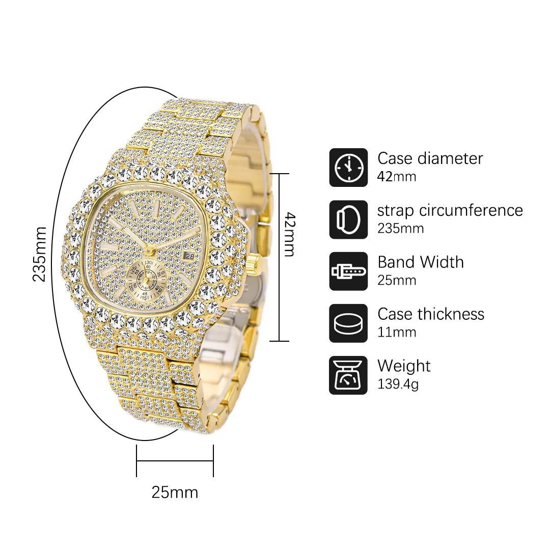 Hiphop Unique Mens Watches Quartz Wristwatch Gold Automatic Date Steel Luxury Diamond Watch For Men
