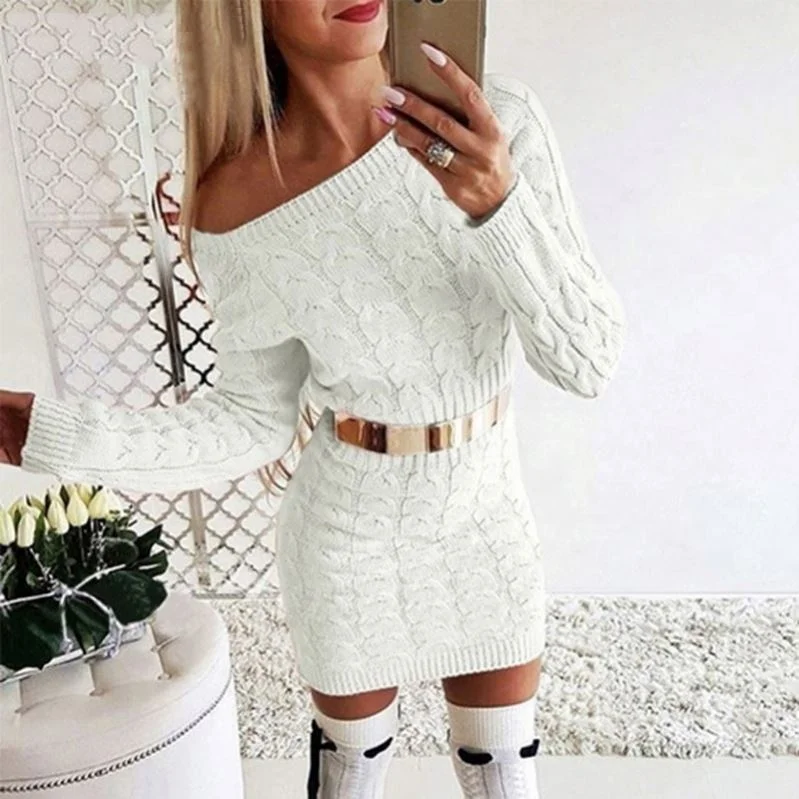 MOQ 1PC Twist Neon Knitwear Women Dresses Long Sleeve Solid Fashion Autumn Dress Basic Slim 2019 Winter Casual Femme Dresses
