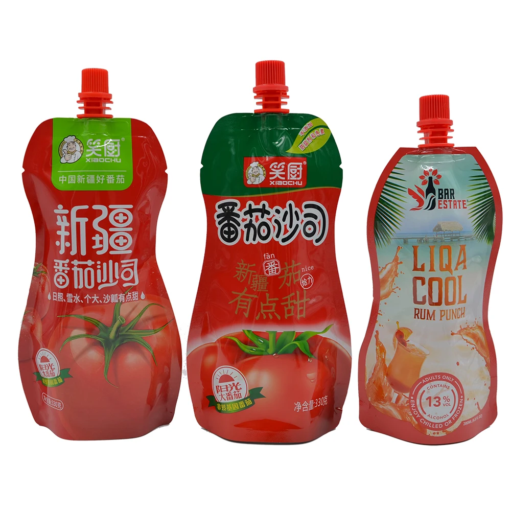 Wholesale 130g Food Bag with Spout Foil Reusable Bag with Logo Aluminum PE Condiment Sauce Nozzle Food Grade Stand up Pouch