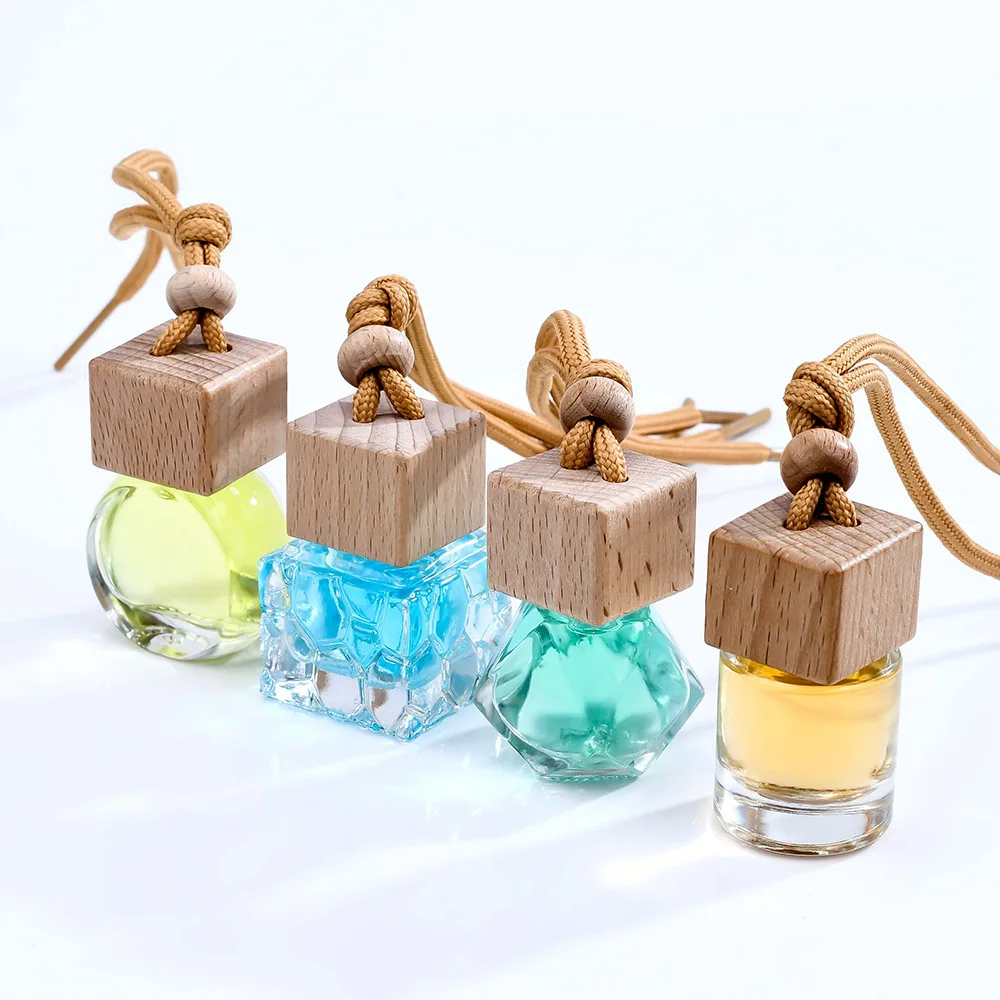 Luxury 4ml 6ml 10ml Diffuser Perfume Car Bottle Air Freshener with Wooden Lid, Bottle Hanging Wood Car Perfume Bottle Hanging