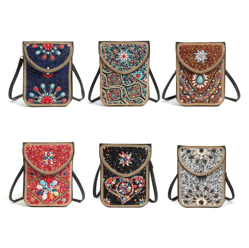 Wholesale Boho Vintage Handmade Beaded Flower Ethnic Shell Seed Beaded Envelope Bag Flower Crossbody Coin Phone Purse