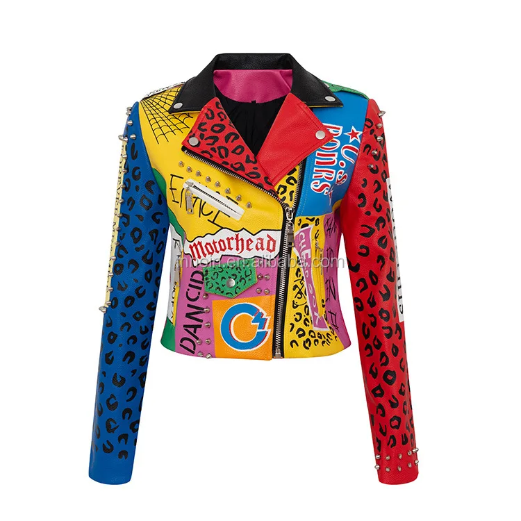 
New Graffiti studs rivet beading pu leather coats Women cartoon Print Leather Jacket Punk Rock Cropped Jackets drop ship 