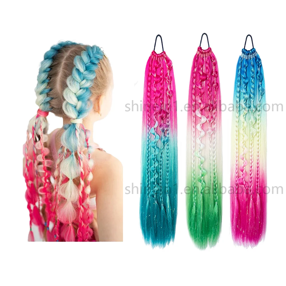 Wholesale 24inch Cosplay Handmade Crochet Colored Hair Extensions Synthetic Bubble Braid Hair Ponytail with Rubber Bands