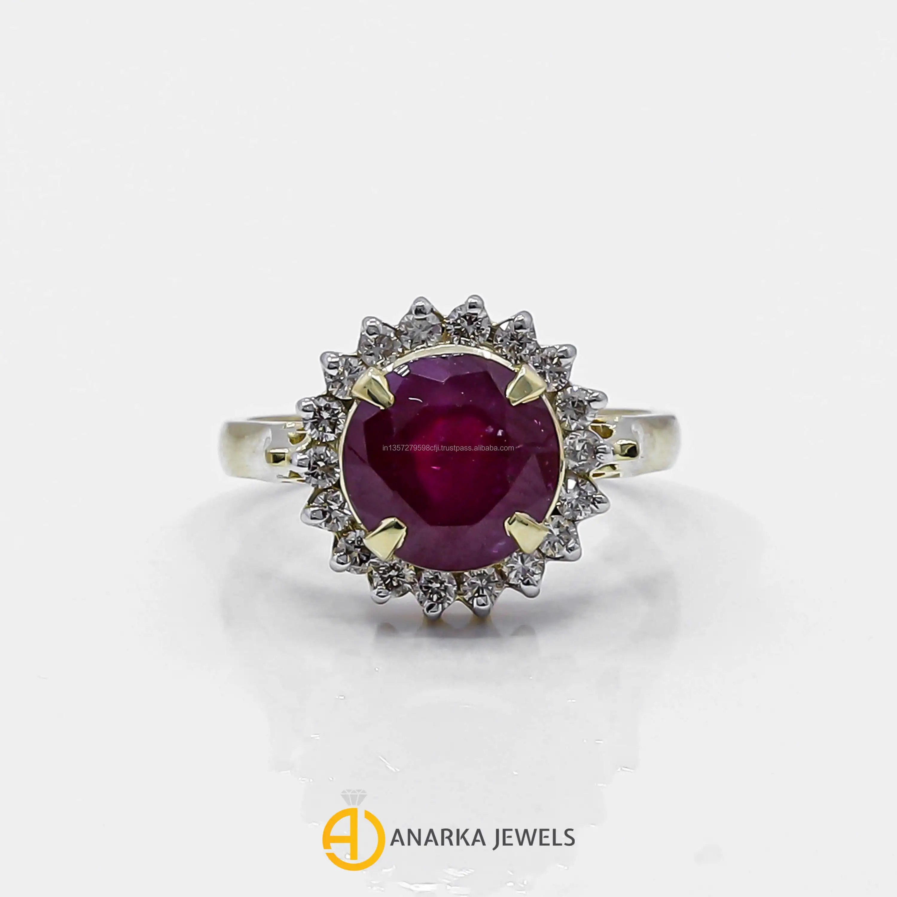 Latest Design 14K Yellow Gold Diamond Cluster Ruby Gemstone Halo Engagement Ring For Women MMR-267