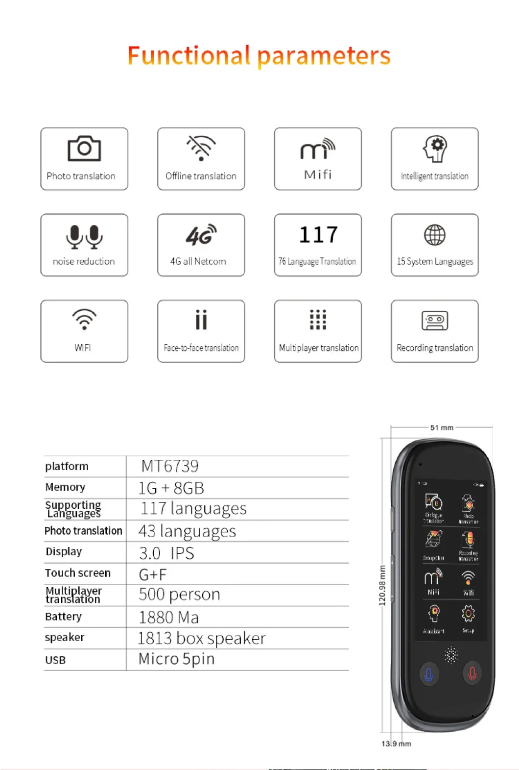 3 Inch Touch Screen Portable Machine Bt 4.0 Intelligent Smart Online Voice Laungauge Translator with 4G Card