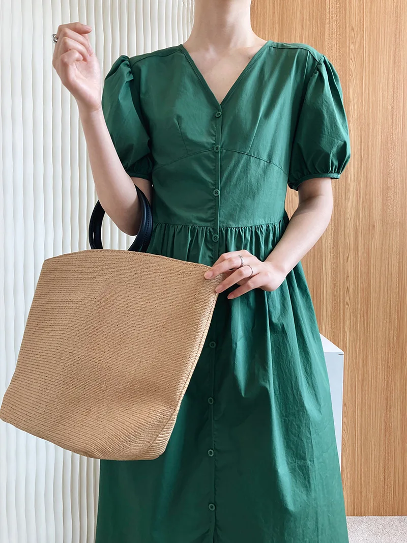 
2021 autumn designer women casual solid puff sleeve V neck lace up Chiffon vestidos maxi dresses 