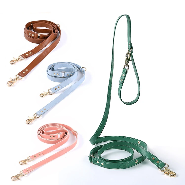 Loudik Wholesale Hands Free Pet Leads with Two Hooks Double Side Made Pu Leather Multi-functional Dog Running Leash Accessories