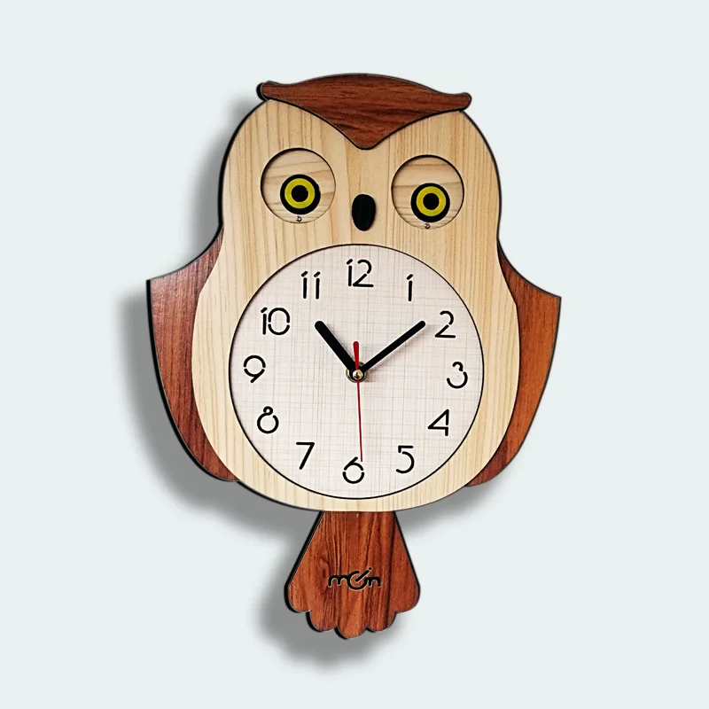 Kids room wooden modern  owl wagging wall clock cartoon children wall clock cute Bird  swings wall clock