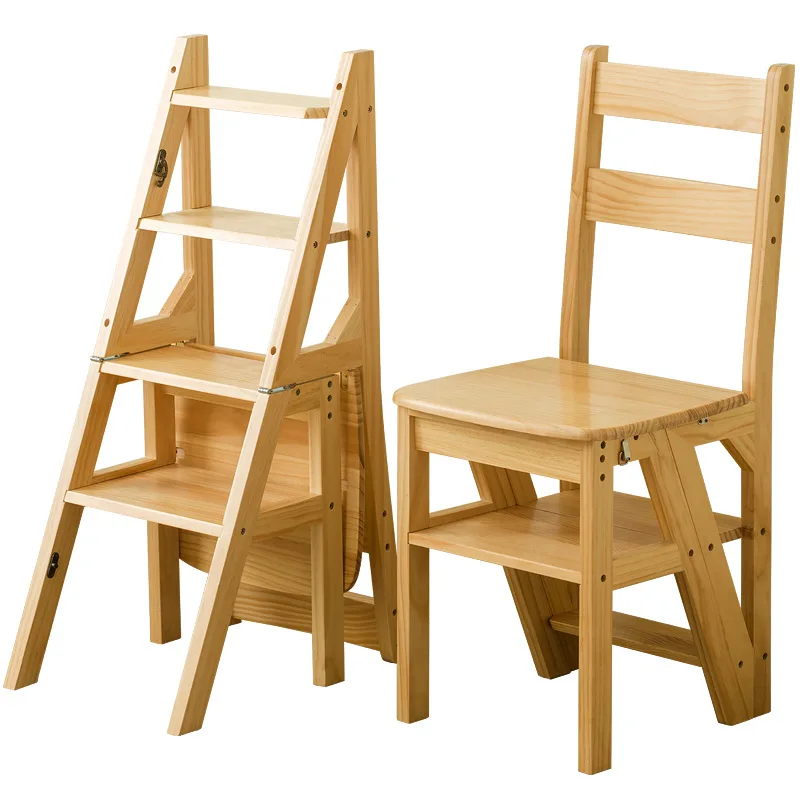 Solid wood three or four steps ascending ladder indoor dual use creative ladder stool multi-functional folding stool
