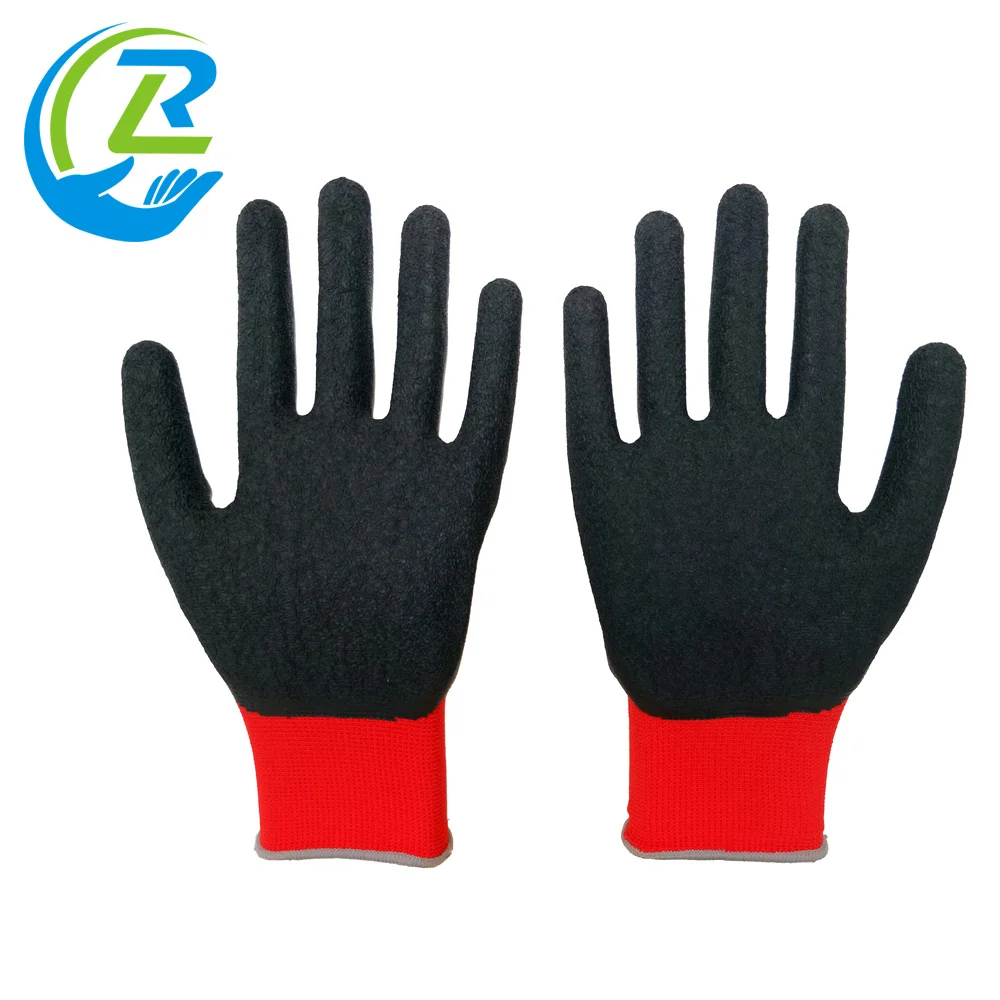 Industrial Labor En388 13 Gauge Red Black Anti Slip Grip Latex Crinkle Coated Construction Household Safety Working Gloves