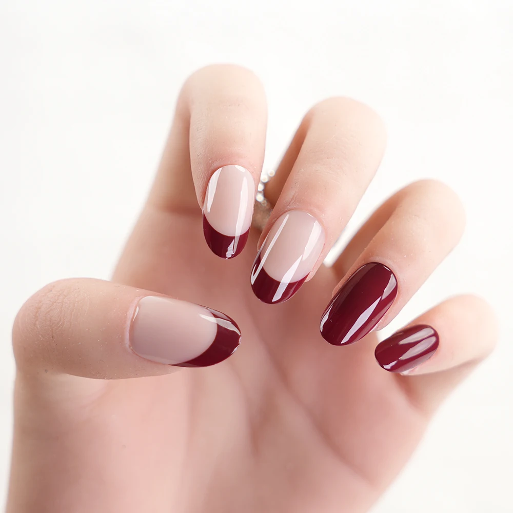 Verified Suppliers Supply Free Sample False Nail Wine Red French Finish Easy Apply Reusable Decorated Artificial Press On Nails