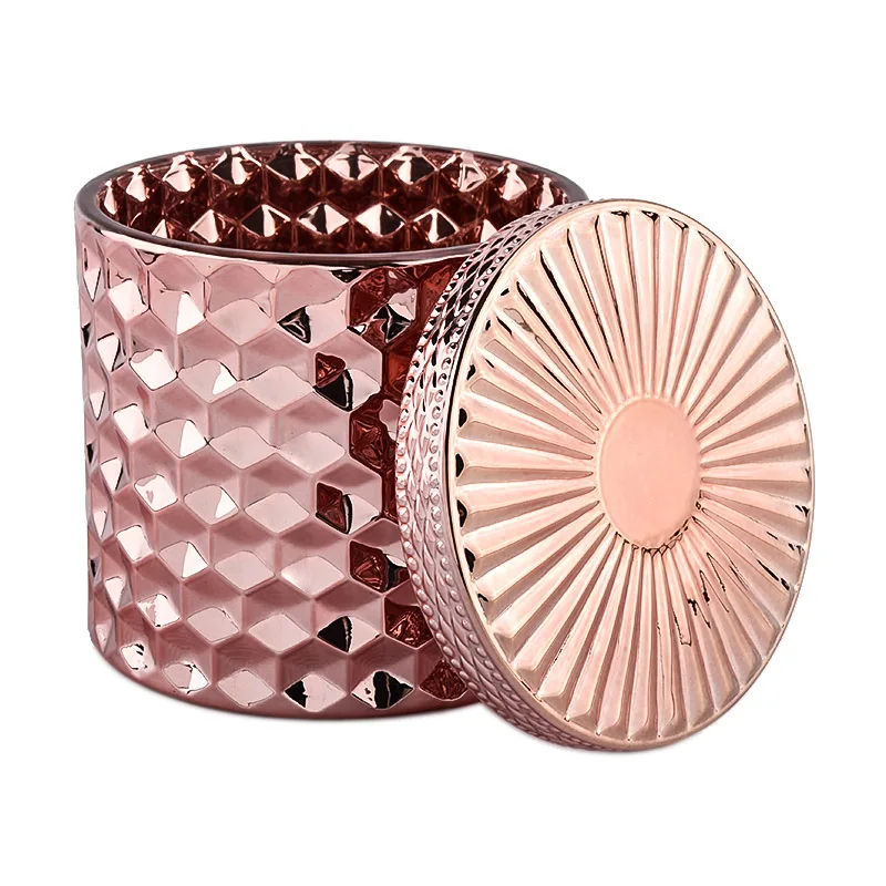 Diamond Glass Candle Jar GEO Cut Glass Candle Vessel Gold Glass Candle Holder With Lids