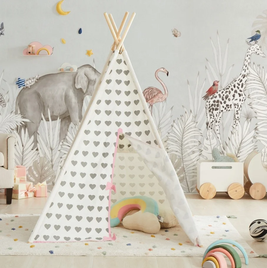 4-Walls Teepee Tent Kids Teepees White with Screen and Window Children Play House Teepee for Kids