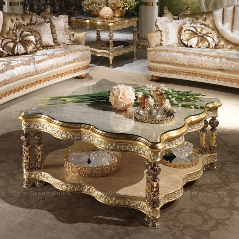 Французский Античный стиль резной столик из массива дерева Золотой роскошный квадратный журнальный столик для гостиной