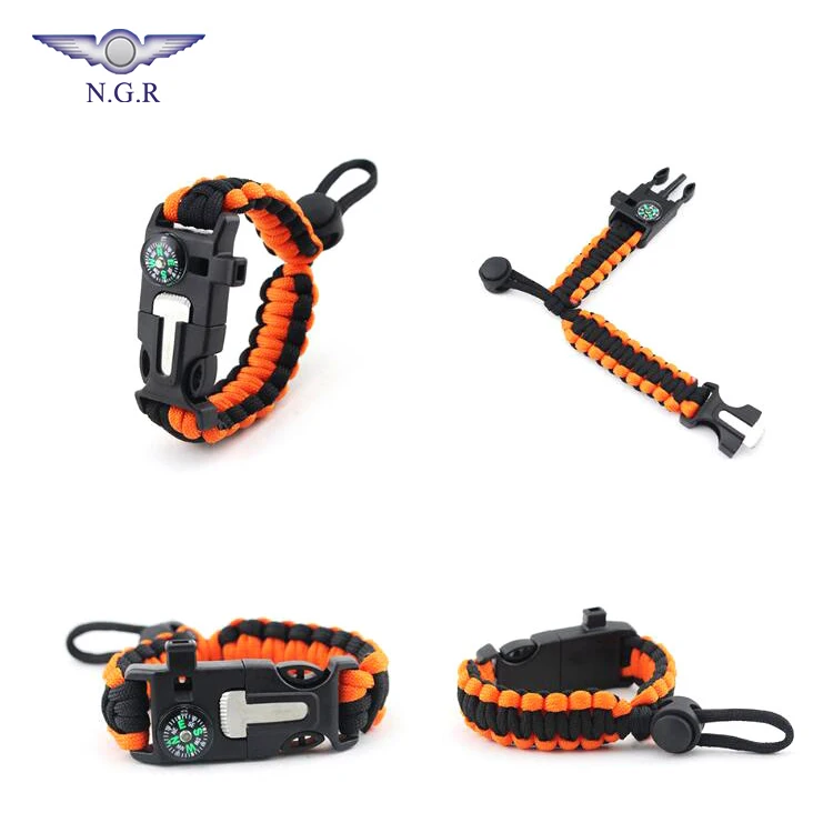 Outdoor hiking and camping equipment adjustable survival bracelet with flint firestarter whistle and compass