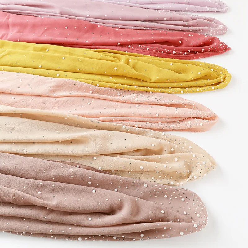 2019 new shades hijab solid color high quality rhinestone beads pearl chiffon hijab scarf shawl