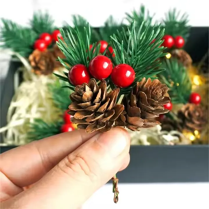 YUWEI Red Berry Pinecones Pine Needles Stems Artificial Winter Christmas Berries Picks Decor For Christmas