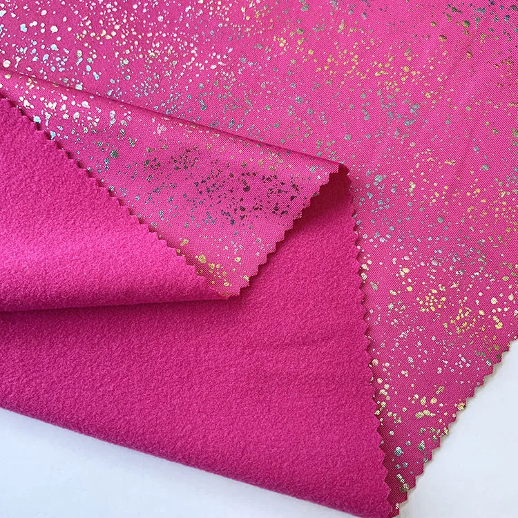 New design foil gold 90% polyester 10%spandex one side brushed fleece fabric for clothes women