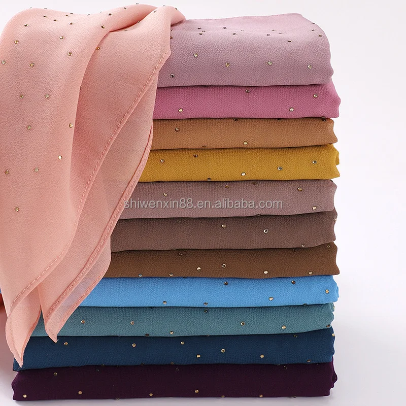 Factory Direct Sale Glitter Muslim Hijab Scarf Women Rhinestone Summer Solid Color Soft Wrinkle Shiny Satin Long Hijab Shawl