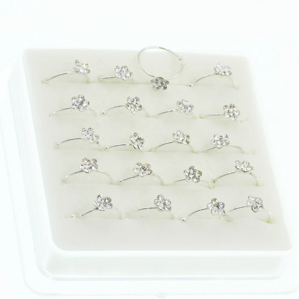 925 Sterling Silver Sparkly Small Thin Flower Clear Crystal Nose Ring Stud Hoop for  girl women
