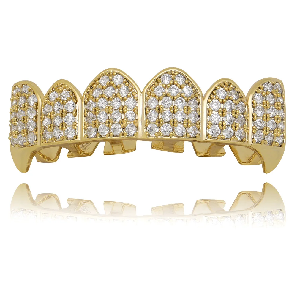 Custom 18K Real Gold Plated Micro Pave CZ Dental Grills 8 Top and 8 Bottom Iced Out Grillz Hip Hop Bling Diamond Teeth Grillz