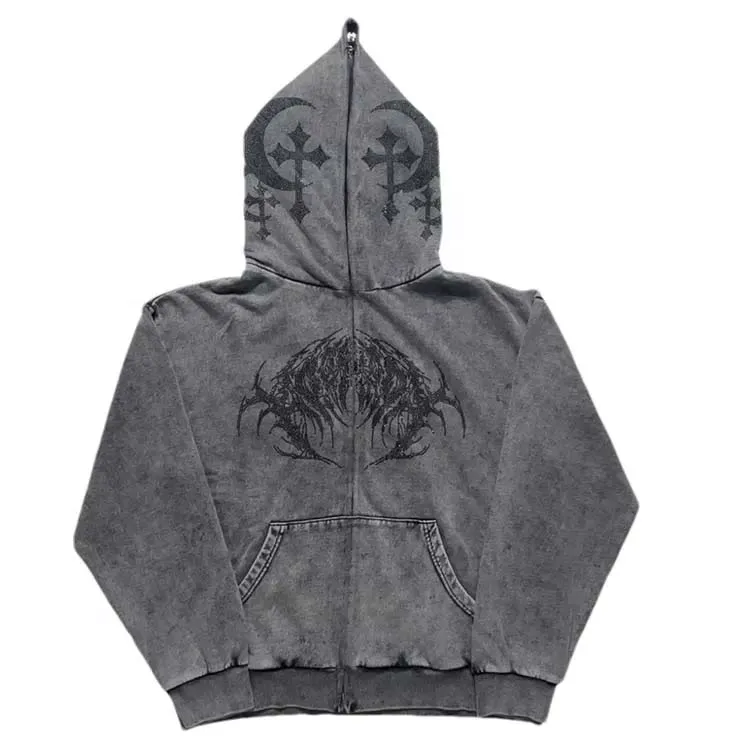 New Arrivals Wholesale Hot Sale Custom Logo Vintage Acid Wash Oversized Full Zip Up Hoodie