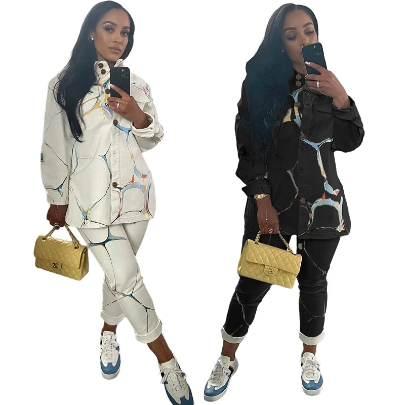 New fall arrivals for women long sleeves shirts printing casual pants two piece pants set women