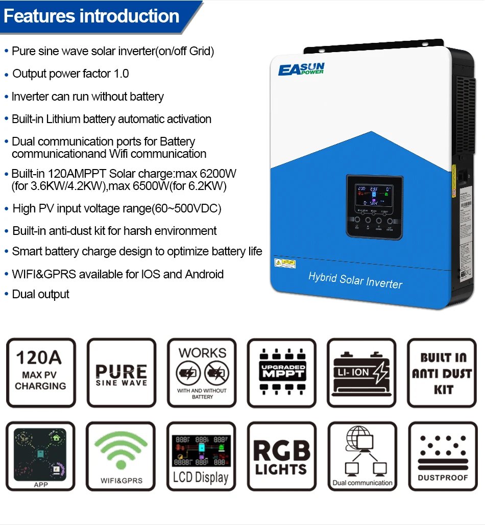 Инвертор EASUN 11 кВт Встроенный MPPT 120A с Wi-Fi без батареи параллельной работы