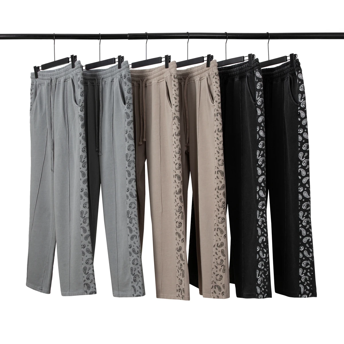 2021 Fall fashion paisley print vintage color block casual wide leg sweatpants washed cotton track pants man