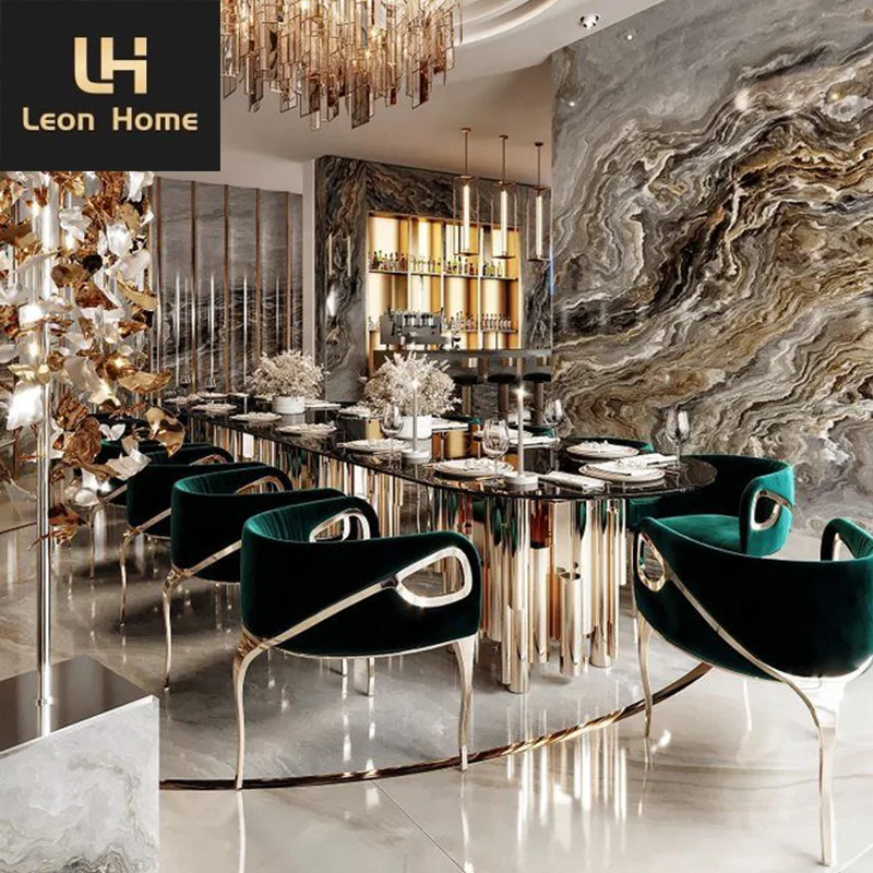Italian Dining Room Furniture Stainless Steel Frame Marble Top Large Dining Table Set Modern Luxury Dining Table Set
