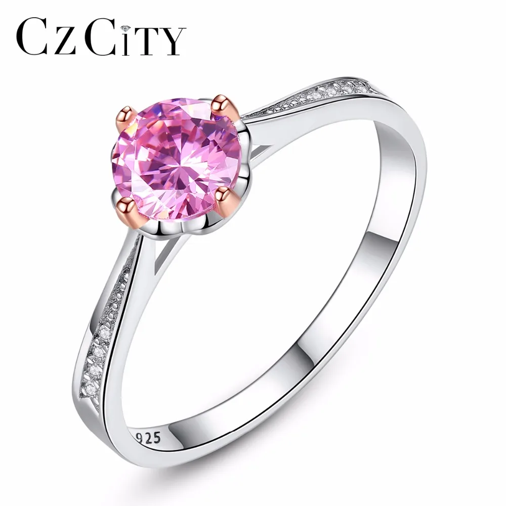 CZCITY стерлингового серебра Винтаж Lucky розовый Простые Модные Элегантные Круглые Роскошные розово-кольцо для женщин