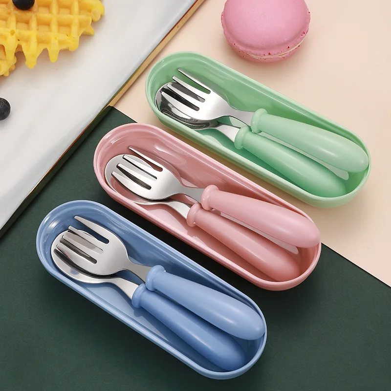 Eco-friendly Toddler Utensils Stainless Steel 304 Cutlery Child Baby Feeding Sets 2 PCS Spoon and Fork with Case