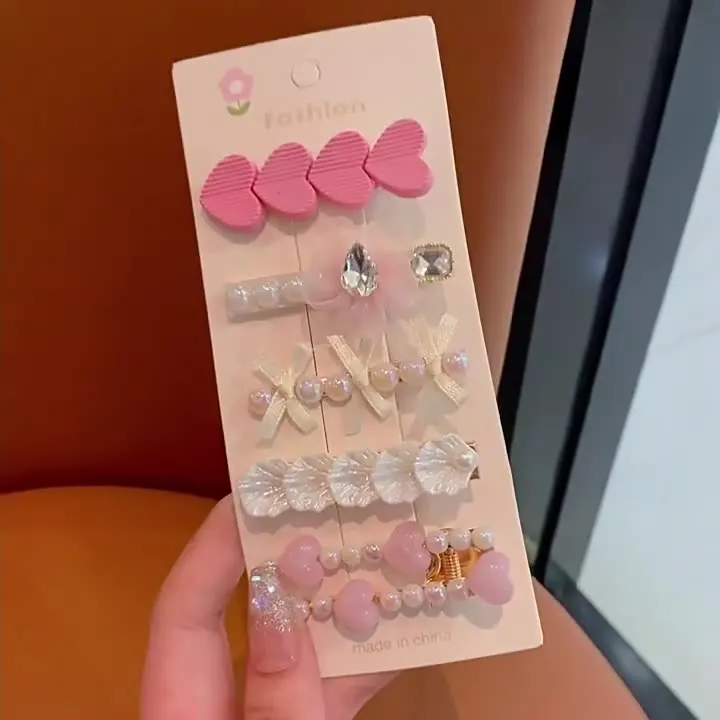 Wholesale Cartoon Cute Children Heart Flower Pink Hairpin Set Pearls Barrettes Hair Accessories For Girls Kids Hair Clip