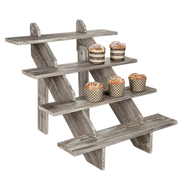 Cascading 4-tier rustic torched retail wooden cake stand and display risers