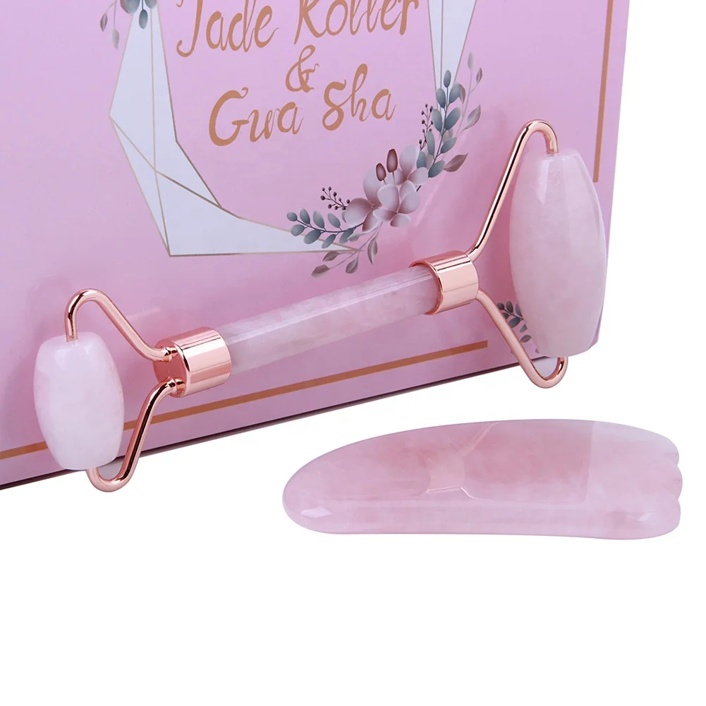 Factory Price Natual Polished Rose Quartz Facial Jade Roller Set