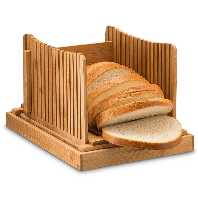 Bamboo Bread Slicer With Fully Adjustable Loaf Width And Foldable Compact Cutter Plus Stainless Steel Bread Knife