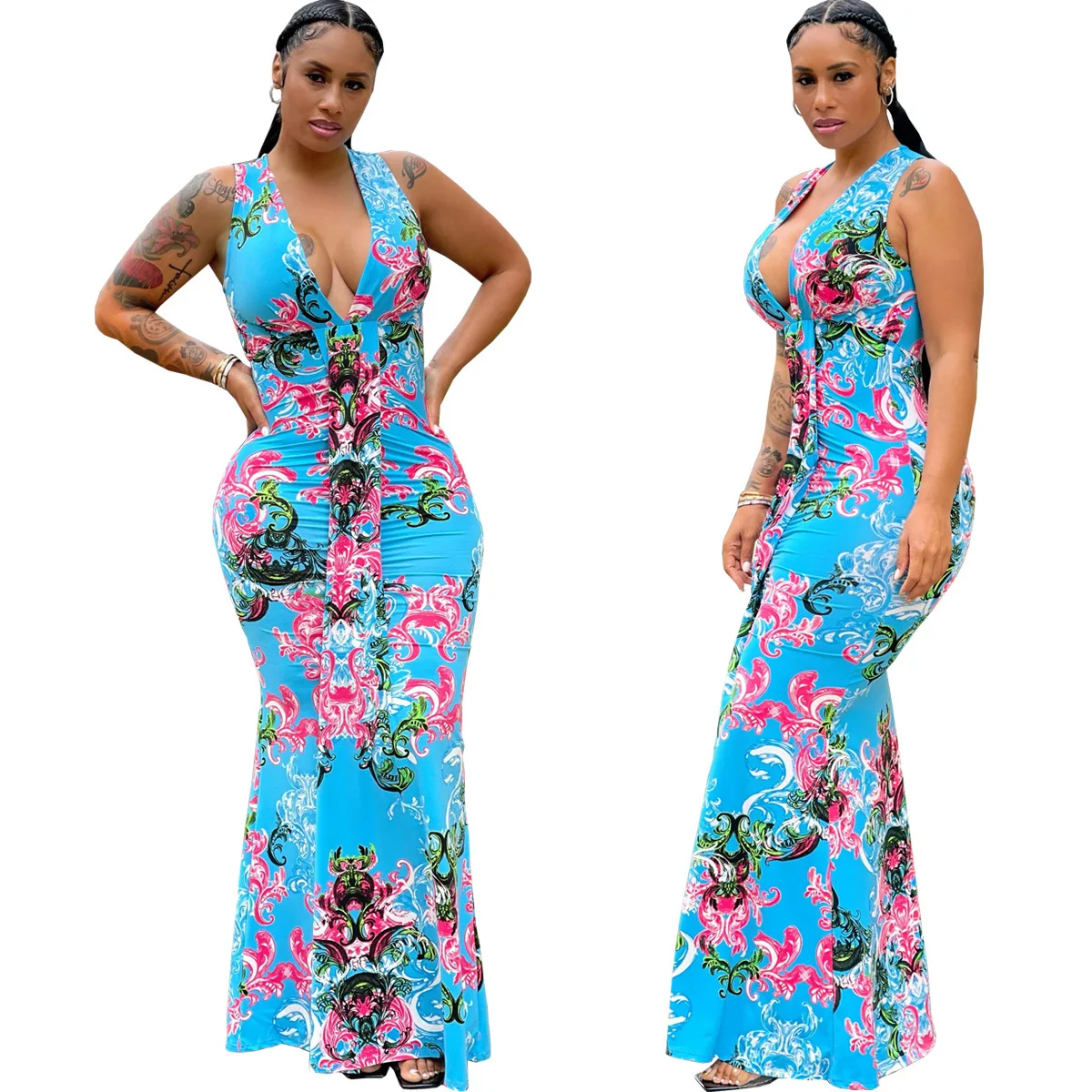 2022 summer printed floral maxi dresses ladies womens v neck african dresses for women clothing