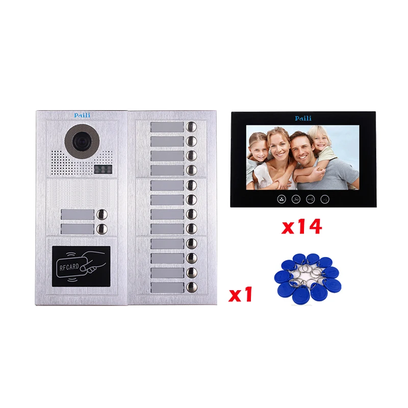 Multi Apartment Video Doorphone Intercom for Building System with 1 Doorbell Camera for 14 Monitors Video Intercom System