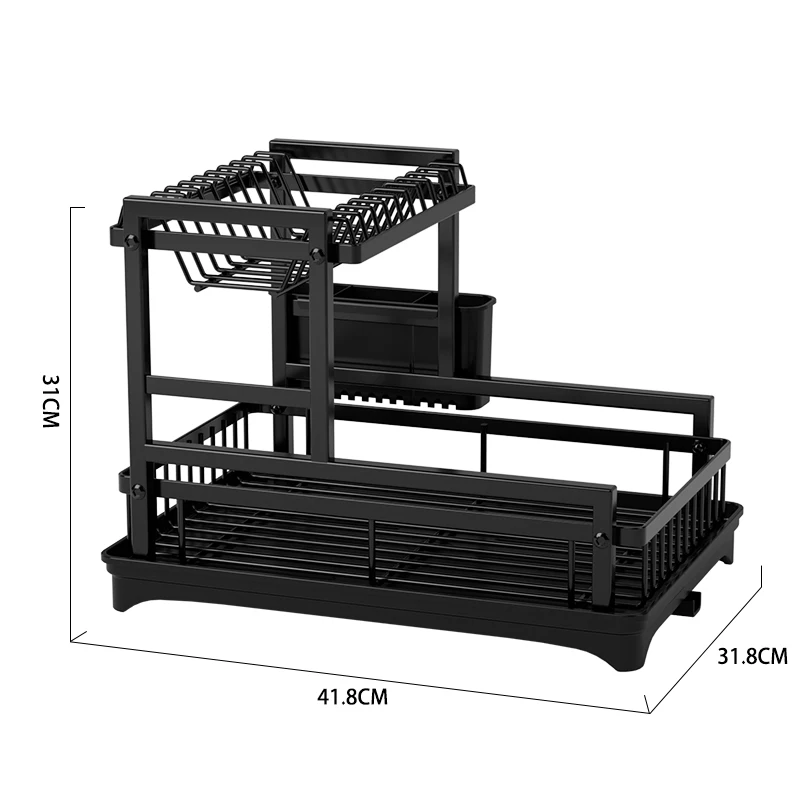 Double Layer Expandable Metal Wire Adjustable Custom Plate Bowl Dish Drying Rack Shelf over Sink with Draining Board Tray