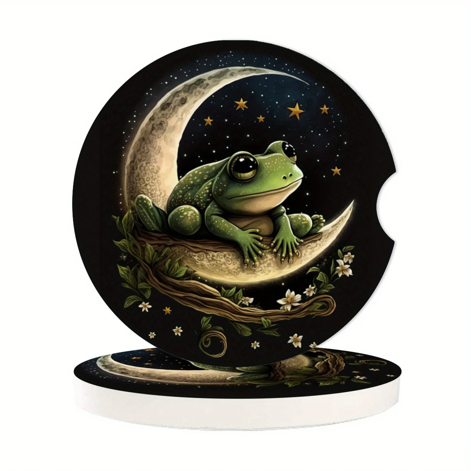 2pcs Frog and Moon Ceramic Coasters with Cork Back Promotional Car Cup Holders Finger Slot for Clean and Dry Storage