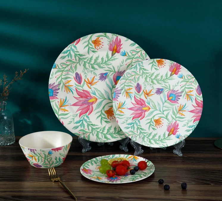 Wholesale BPA free Natural bamboo fiber eco biodegradable Tableware Bamboo Plates/Dishes/Pizza Dish Dinnerware Dessert Plate Set