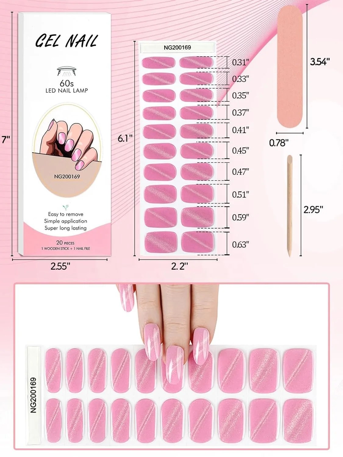Pink Gel Nail Strips, Cat Eye Pink Full Wrap Gel Nail Polish Sticker, Magnetic Nail Wrap Brighter and Long Lasting Salon Quality