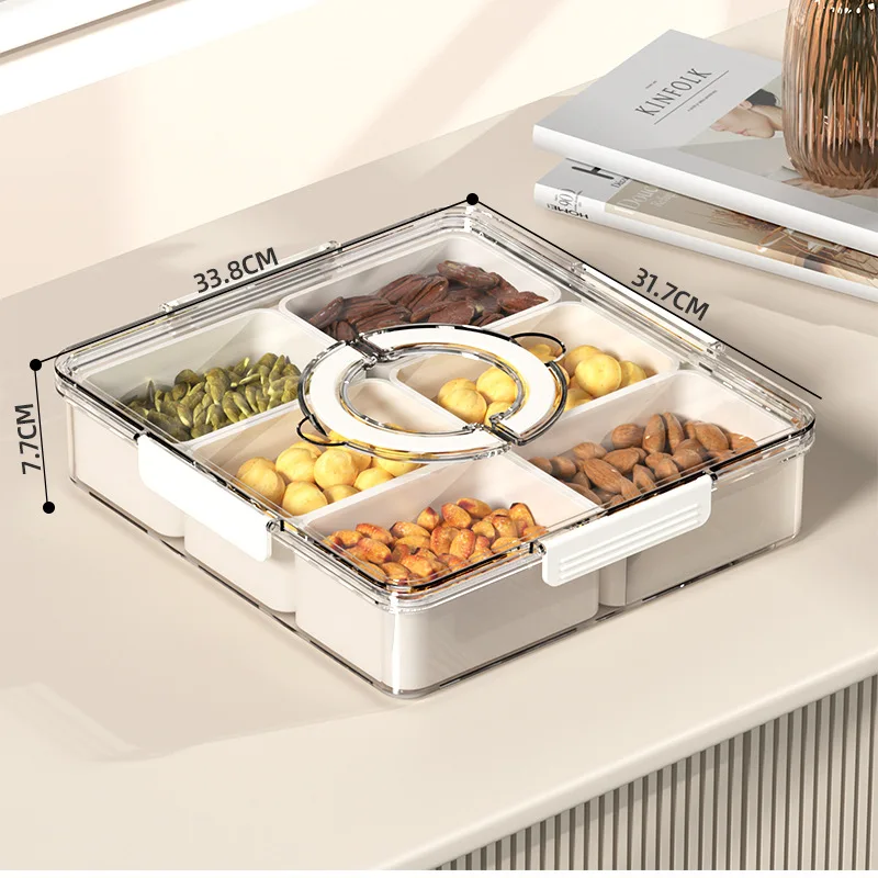 Home Transparent Food Storage Container Rotating Serving Tray 5 Compartment Round Snackle Box